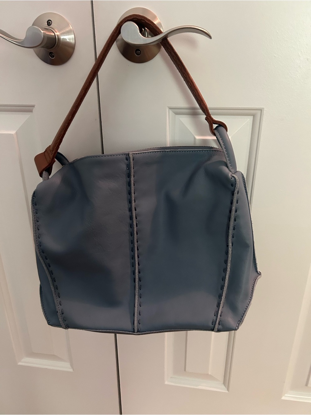 The Sak Blue Leather Shoulder Bag with Brown Handle